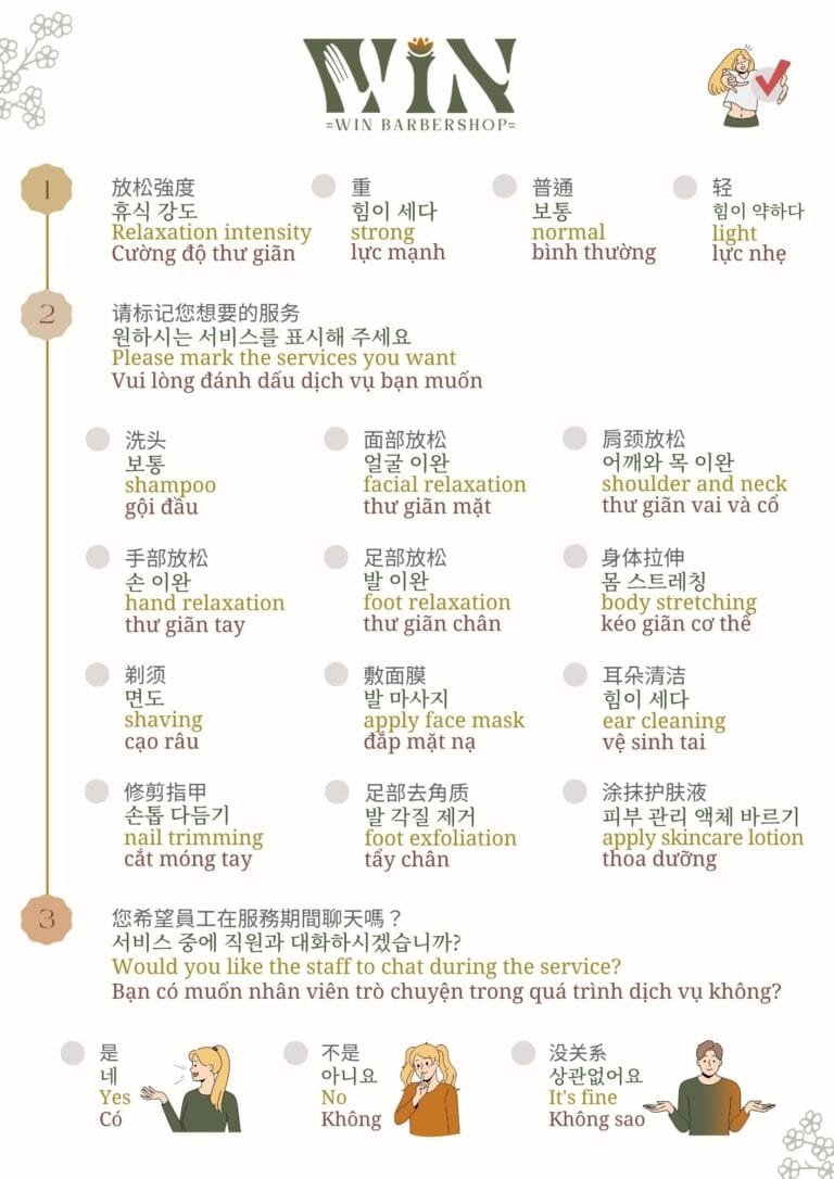 越南胡志明市 Win Barbershop 皇家越式洗头，顾客可以在表单上自由洗头与按摩等服务。